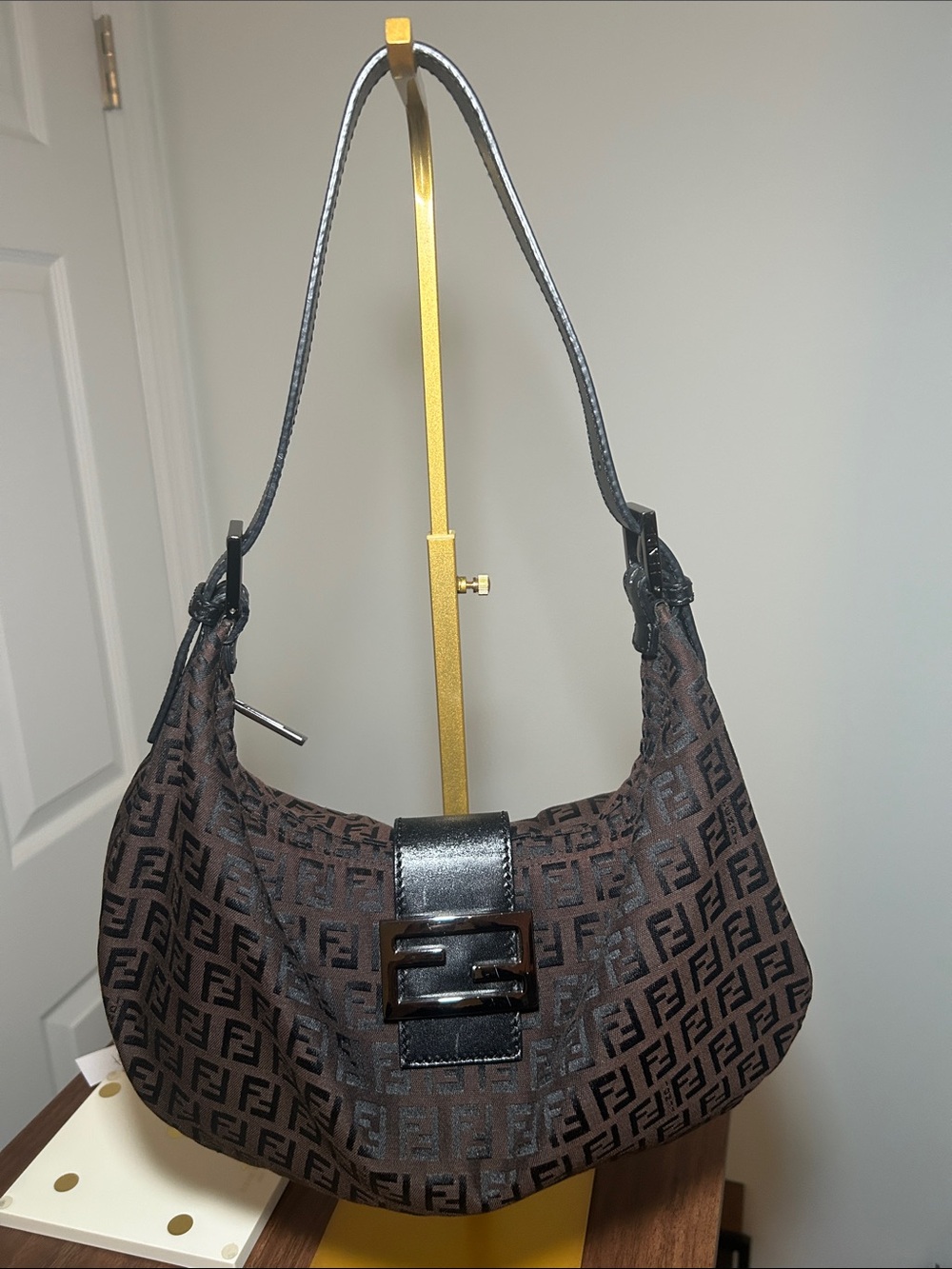 457. Vintage Fendi Zucca Canvas Half Moon Hobo Bag w/coa